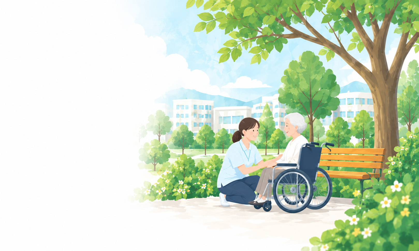木陰で利用者と向き合う介護スタッフ